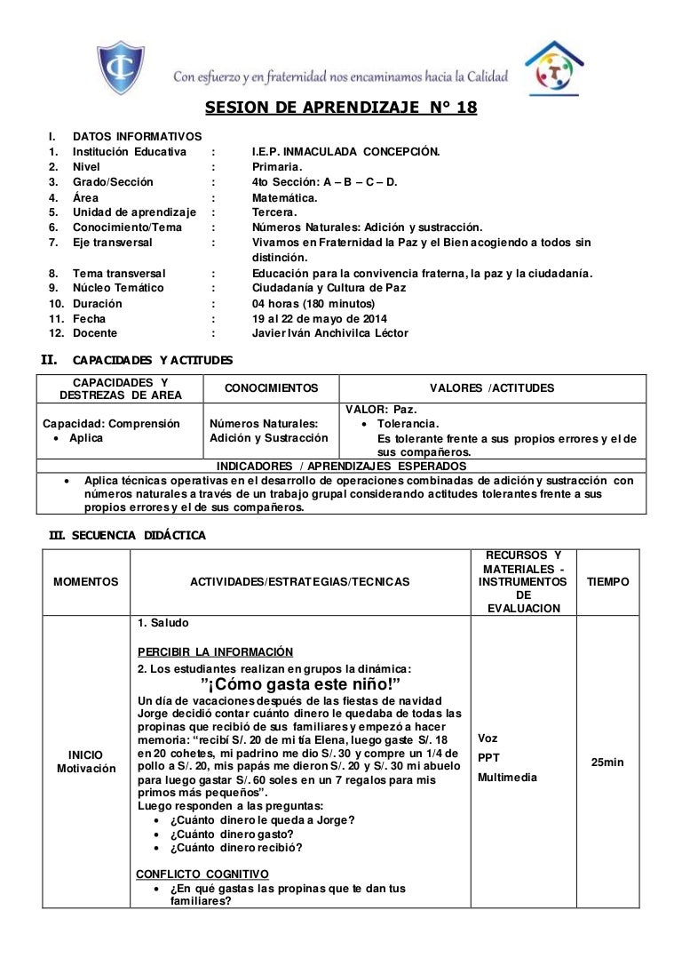 Sesion de aprendizaje numeros naturales suma y resta - operaciones … Sesion de aprendizaje numeros naturales suma y resta - operaciones …