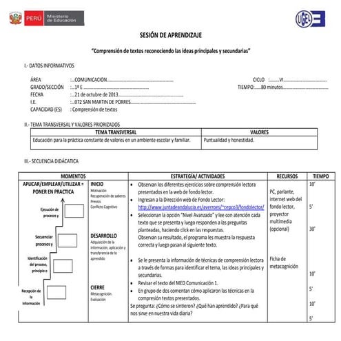 SESIÒN DE APRENDIZAJE SOBRE "COMPRENSIÒN LECTORA"