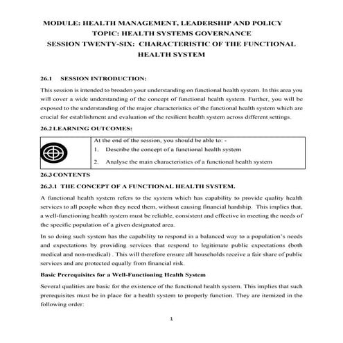 Characteristics and Functions of a Functional Health System for ...