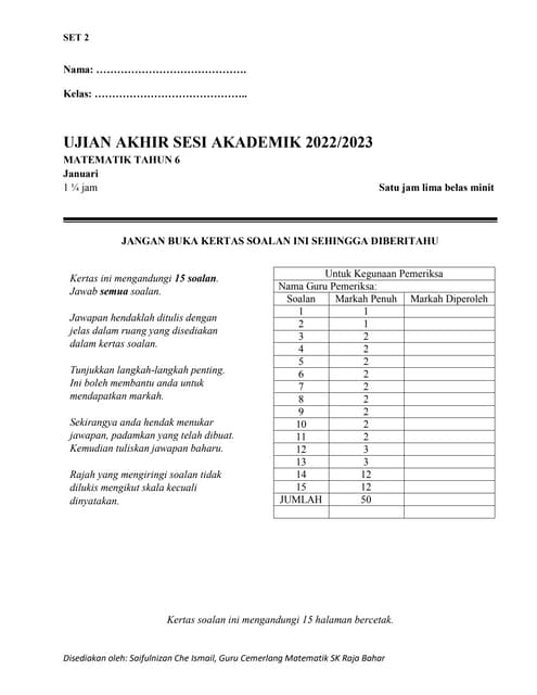 SET-2-MT-Tahun 6-1 matematik UASA Tahun 6