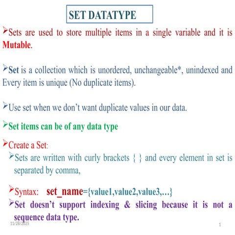 SET DATATYPE in python programming syntax