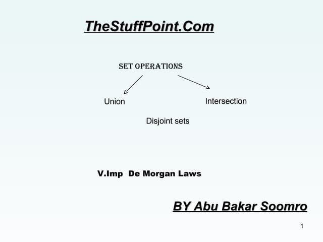 Set Operations Topic Including Union , Intersection, Disjoint etc De Morgans ...
