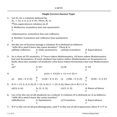 CBSE - Grade 11 - Mathematics - Sets - Multiple Choice Questions - Worksheet