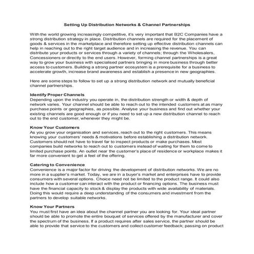Setting up distribution networks & channel partnerships