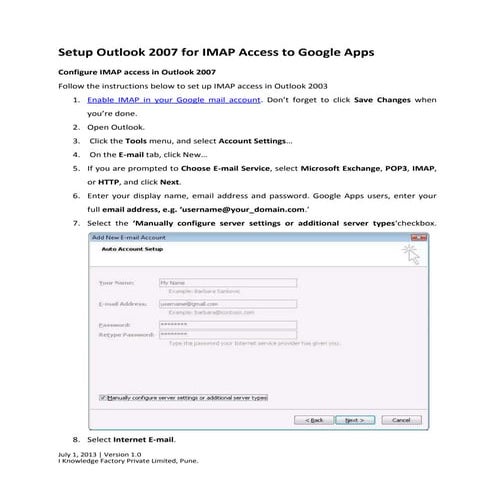 Setup outlook 2007 for imap access to google apps