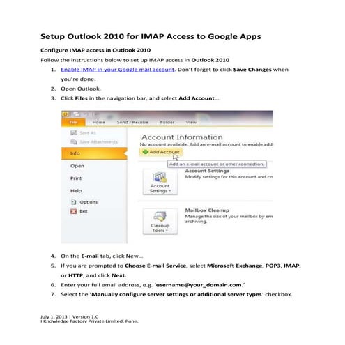 Setup outlook 2010 for imap access to google apps