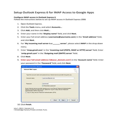 Setup outlook express 6 for imap access to google apps