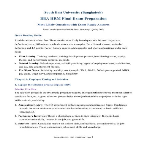 Comprehensive HRM Final Exam Preparation: Selection, Testing, and ...