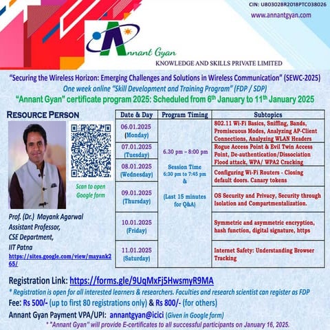 One week online FDP/SDP on "Securing the Wireless Horizon: Emerging Challenges and Solutions in Wireless Communication" (SEWC-2025)