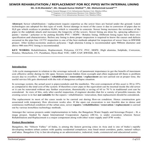SEWER REHABILITATION / REPLACEMENT FOR RCC PIPES WITH INTERNAL LINING