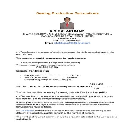 Sewing production calculations