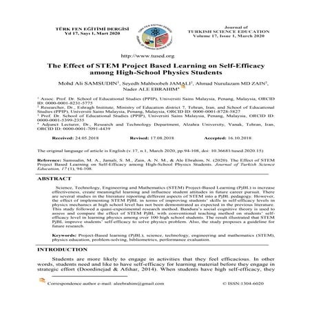 The Effect of STEM Project Based Learning on Self-Efficacy among High-School ...