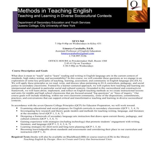 Seys 560    methods of teaching english in middle and high school (queens col...