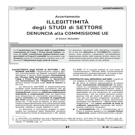Accertamento ILLEGITTIMITÀ degli STUDI di SETTORE DENUNCIA alla COMMISSIONE UE