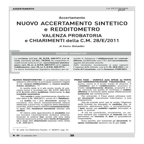 NUOVO ACCERTAMENTO SINTETICO e REDDITOMETRO VALENZA PROBATORIA e CHIARIMENTI della C.M. 28/E/2011