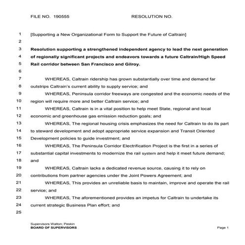 San Francisco Board of Supervisors Caltrain Governance Resolution