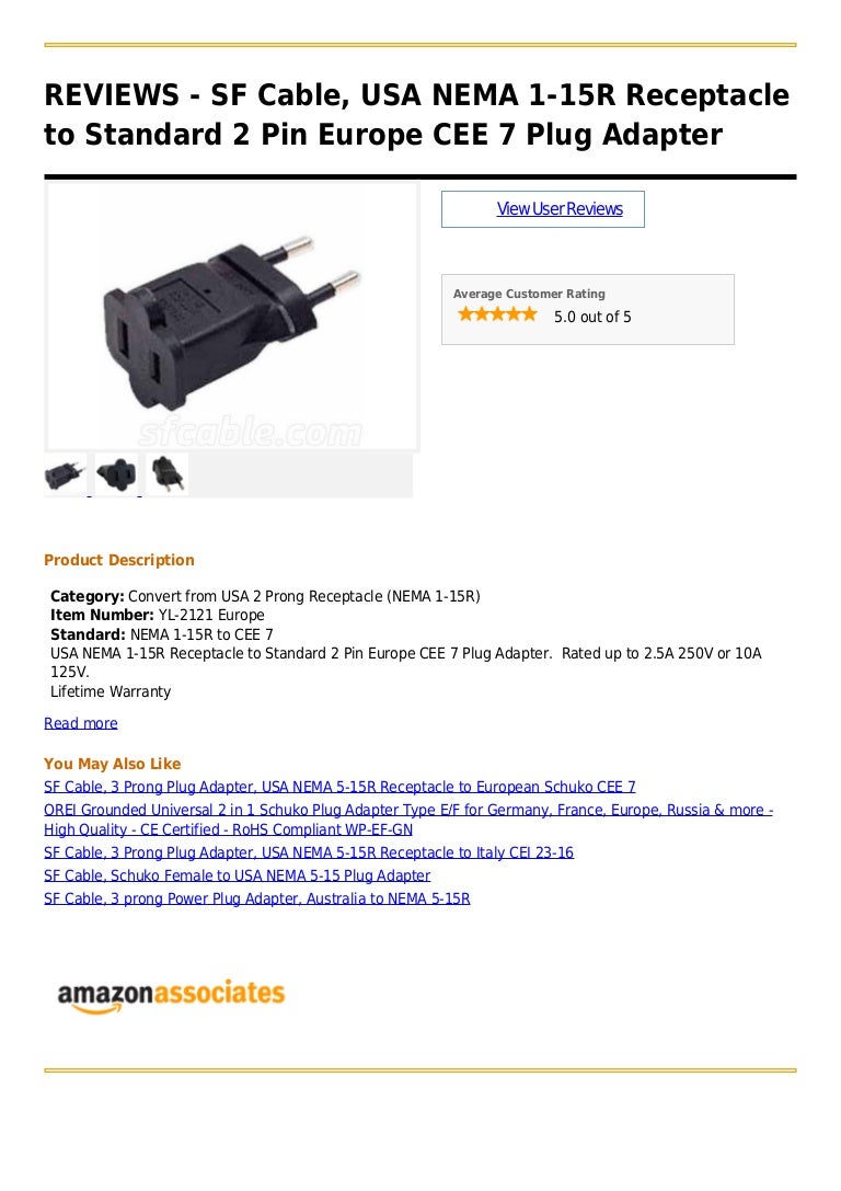 Sf Cable Usa Nema 1 15 R Receptacle To Standard 2 Pin Europe
