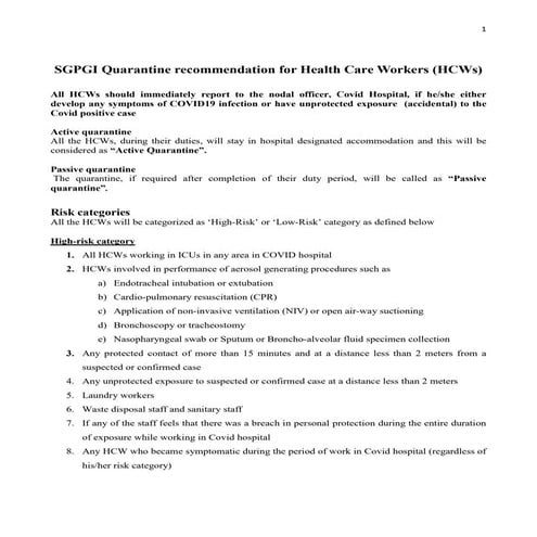 Sgpgi quarantine recommendation for health care workers (hc ws) | PDF ...
