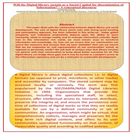 Will the Digital library sustain as a Social Capital for dissemination of Information? : A conceptual discourse