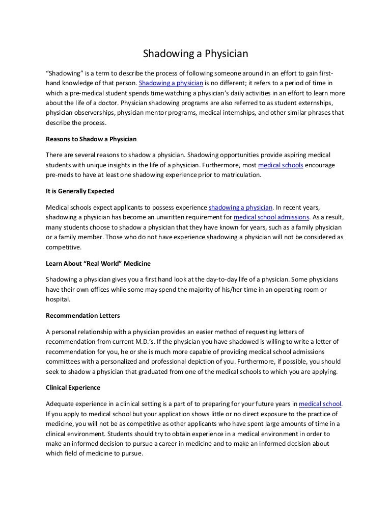 shadowing a physician shadowing letter of recommendation