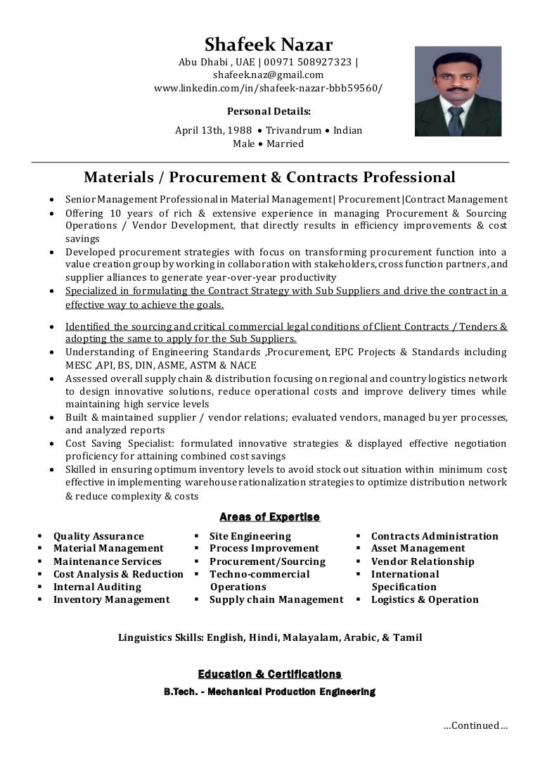 Resume For Procurement Contracts Engineer