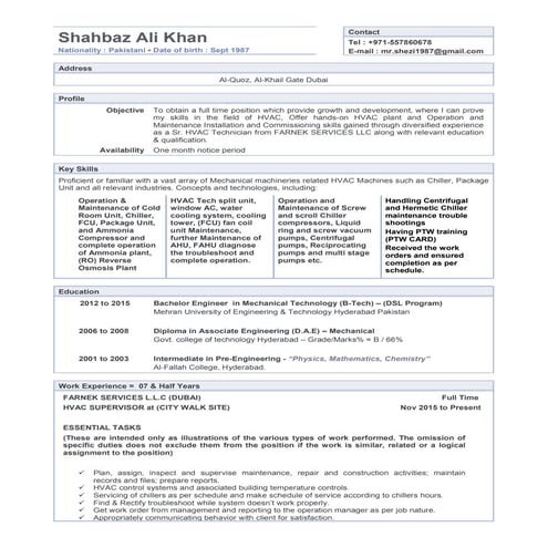 Shahbaz cv1 HVAC Supervisor | PDF
