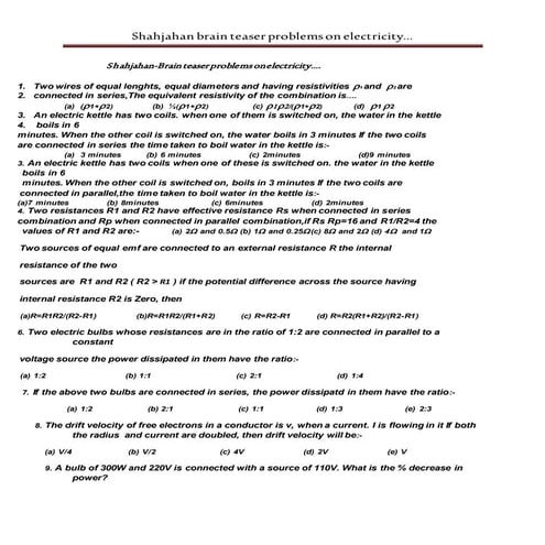 Shahjahan brain teaser problems on electricity..