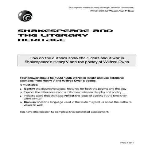 Shakespeare and the literary heritage controlled assessment package