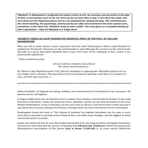 THE PLAY 'MACBETH' OF WILLIAM SHAKESPEARE DEMANDS AN ALERT READER-