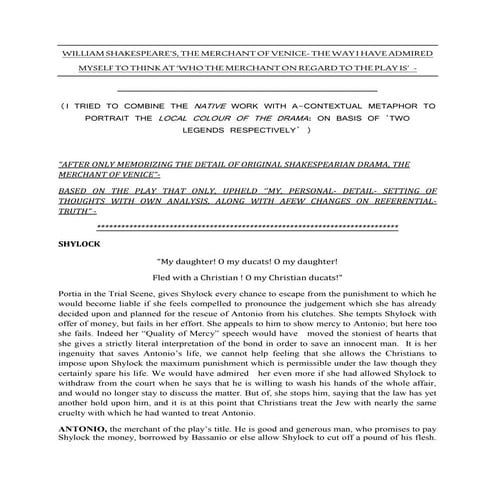 SHAKESPEARE'S A FAMOUS COMEDY,THE MERCHANT OF VENICE CAPTIVATED MY MIND 'WHO ...