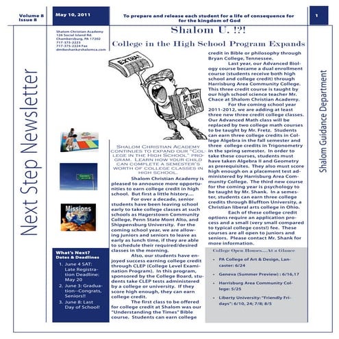 Shalom Next Step Guidance News May 2011