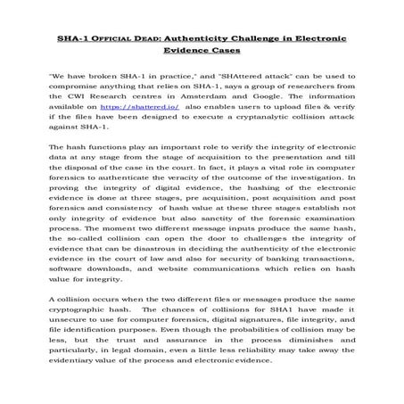 SHA-1 OFFICIAL DEAD: Authenticity Challenge in Electronic Evidence Cases