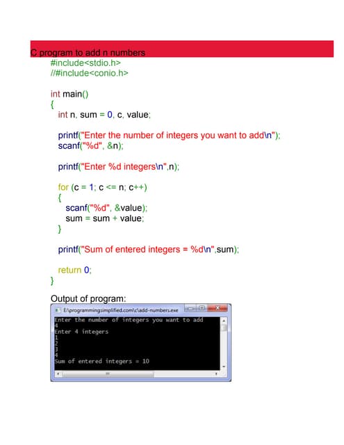 C program to add n numbers 