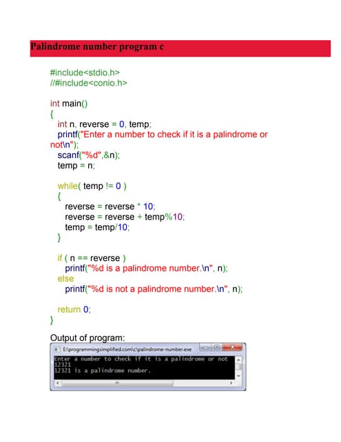 Palindrome number program in c
