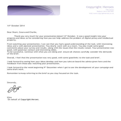 Shani, charlie and ceara feedbck letter