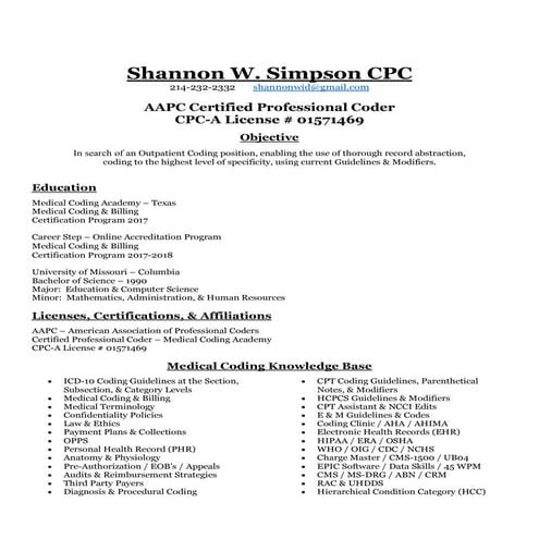 Shannon W Simpson Coding Resume