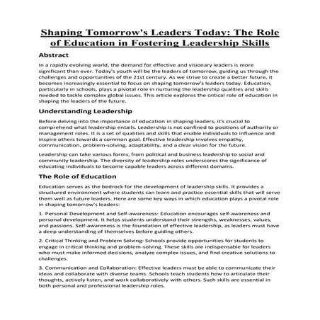 Shaping Tomorrow's Leaders Today: The Role Of Education In Fostering ...