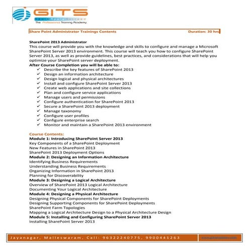 Share point 2013 administrator Training Contents By GITS Academy