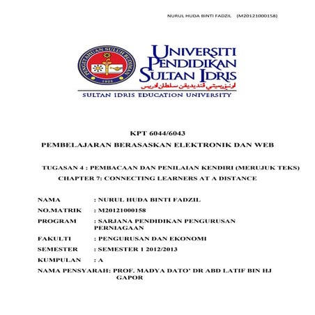 TUGASAN 4 : PEMBACAAN DAN PENILAIAN KENDIRI (MERUJUK TEKS) CHAPTER 7: CONNECT...