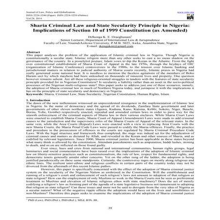 Sharia criminal law and state secularity principle in nigeria