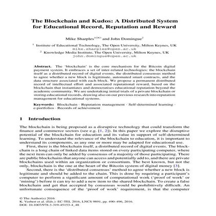 The Blockchain and Kudos: A Distributed System for Educational Record, Reputa...