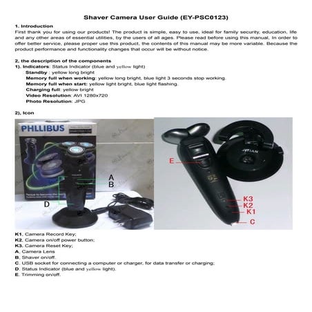 HD BATHROOM SPY Shaver camera user guide (ey psc0123).RAZOR SPY CAMERA ...