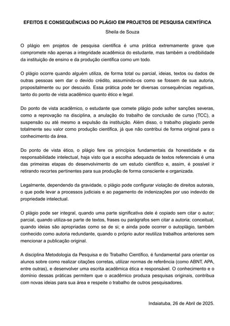 EFEITOS E CONSEQUÊNCIAS DO PLÁGIO EM PROJETOS DE PESQUISA CIENTÍFICA ...