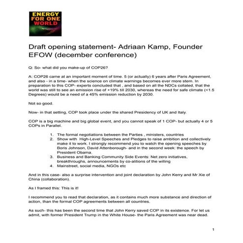 Brief Remarks EFOW on COP26 -  draft opening conversation lines (Sample)