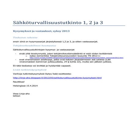 Sähköturvallisuustutkinto syksy 2013