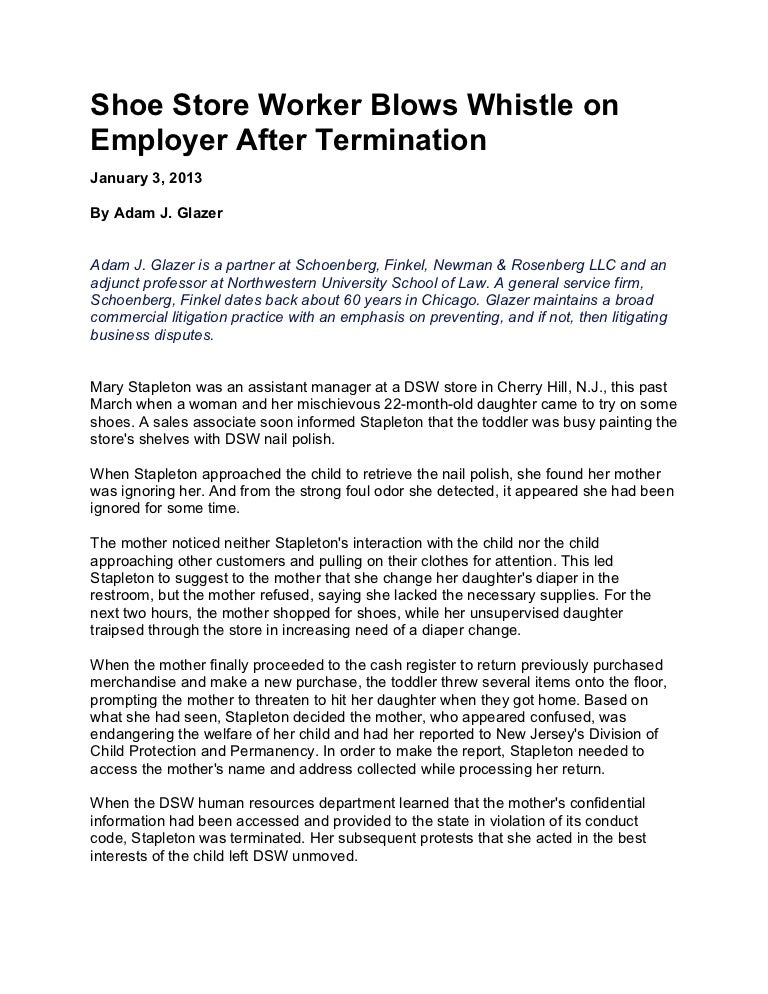 Shoe store worker blows whistle on employer after termination