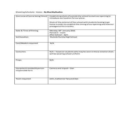 Shooting schedule-location (BlueSkyStudios day 1)