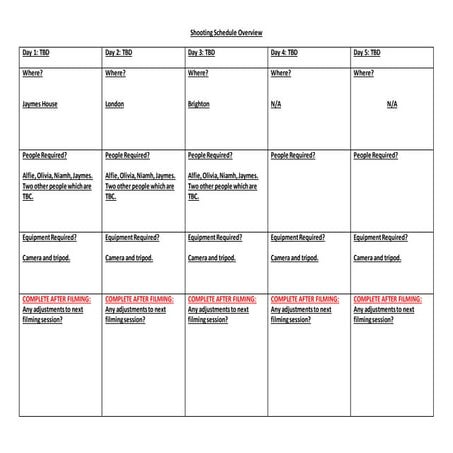 A2 Media Studies: Shooting schedule overview