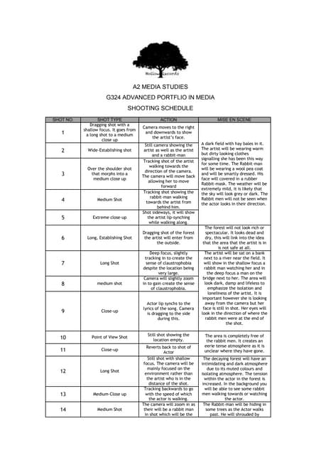Shooting schedule