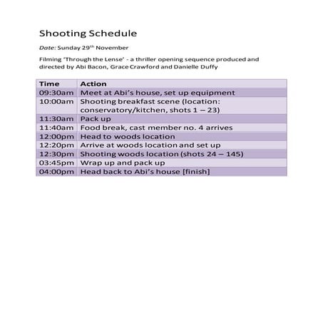 Shooting schedule